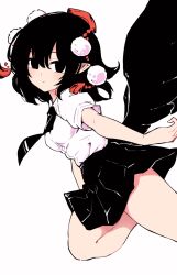 Rule 34 | 1girl, bird wings, black hair, black skirt, black wings, closed mouth, hat, highres, looking at viewer, maguro (mawaru sushi), miniskirt, necktie, pointy ears, pom pom (clothes), red hat, shameimaru aya, shirt, short hair, short sleeves, simple background, skirt, solo, tokin hat, touhou, white background, white shirt, wings