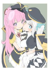 Rule 34 | 2girls, absurdres, aiguillette, asymmetrical docking, bad id, bad twitter id, black hat, blue eyes, blue ribbon, blush, breast press, breasts, cape, closed mouth, donguri suzume, epaulettes, flat chest, frills, fringe trim, from above, gloves, hair ribbon, hat, heterochromia, highres, kagura gumi, kagura mea, lips, long hair, looking at viewer, medium breasts, mole, mole under eye, multiple girls, oda nobuhime, oda nobuhime (channel), parted lips, paryi project, peaked cap, pink hair, ponytail, puffy short sleeves, puffy sleeves, purple eyes, red ribbon, ribbon, short sleeves, simple background, sleeveless, smile, twintails, virtual youtuber, white gloves, yellow eyes