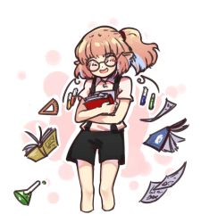 Rule 34 | 1girl, bare legs, bespectacled, black shorts, blonde hair, book, collared shirt, dot nose, dress shirt, erlenmeyer flask, closed eyes, fang, feet out of frame, flandre scarlet, flask, glasses, holding, holding book, open book, open mouth, pointy ears, ponytail, set square, shirt, short hair, short sleeves, shorts, side ponytail, smile, suspender shorts, suspenders, test tube, touhou, wings, yoruny