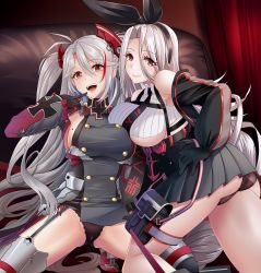 Rule 34 | 2girls, absurdly long hair, ass, azur lane, black gloves, black neckwear, black panties, black sleeves, breasts, buttons, crop top, detached sleeves, double-breasted, eyes visible through hair, finger to mouth, garter straps, gloves, hair between eyes, hair ribbon, high-waist skirt, highres, indoors, iron blood (emblem), kogarasu1st, lace, lace-trimmed panties, lace trim, large breasts, long hair, looking at viewer, looking back, mole, mole on breast, multicolored hair, multiple girls, necktie, open mouth, panties, pleated skirt, prinz eugen (azur lane), prinz heinrich (azur lane), red eyes, red gloves, red hair, resolution mismatch, ribbed shirt, ribbon, shirt, side-tie panties, sideboob, sitting, skirt, source smaller, streaked hair, teeth, thighhighs, two-tone gloves, two-tone hair, underboob, underwear, upper teeth only, very long hair, white hair