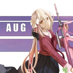 Rule 34 | 1girl, assault rifle, aug (girls&#039; frontline), black skirt, blonde hair, bullpup, character name, flower, girls&#039; frontline, gun, hair flower, hair ornament, hair ribbon, japanese clothes, lily (flower), long hair, looking at viewer, mmm (ji1945), orange eyes, ribbon, rifle, simple background, skirt, solo, steyr aug, weapon