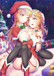Rule 34 | 1boy, 1girl, androgynous, ass, breasts, brother and sister, christmas, christmas ornaments, crossdressing, fur-trimmed headwear, fur trim, garter straps, hat, highres, hug, looking at another, natsusora aona, natsusora wakana, novady, original, santa hat, shiny skin, siblings, thighhighs, thighs, trap, twins, wide hips