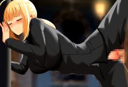 Rule 34 | 1boy, 1girl, against wall, artoria pendragon (all), artoria pendragon (fate), black pants, black shirt, blonde hair, blush, breasts, censored, closed eyes, clothed sex, fate/stay night, fate/zero, fate (series), ginhaha, large breasts, leg up, mosaic censoring, pants, penis, saber (fate), sex, shirt, sidelocks, vaginal