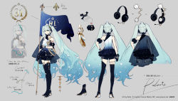 Rule 34 | 1girl, absurdly long hair, arm at side, artist name, black footwear, black gloves, black skirt, blue eyes, blue hair, boots, character sheet, closed mouth, company name, copyright name, copyright notice, cropped hair, cropped legs, detached sleeves, english text, flag, flagpole, fleur-de-lis, full body, gloves, gradient clothes, gradient hair, grey background, hair between eyes, hair ornament, halterneck, hand on own hip, hatsune miku, headset, high heels, holding, holding flag, holding pole, legs apart, legs together, light smile, long hair, looking at viewer, microphone, multicolored hair, multiple views, official art, polaris (star), polaris miku, pole, puffy short sleeves, puffy sleeves, rella, shirt, short sleeves, simple background, single detached sleeve, skirt, sleeveless, sleeveless shirt, standing, thigh boots, thigh strap, turnaround, twintails, very long hair, vocaloid, wavy hair