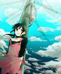 Rule 34 | 1girl, aqua sky, arms at sides, asahina hiyori, black eyes, black hair, black shirt, blunt bangs, blunt ends, casual, cloud, cloudy sky, commentary, day, from above, gradient sky, highres, kagerou project, looking to the side, medium hair, off-shoulder shirt, off shoulder, outdoors, overalls, parted lips, pink overalls, pink skirt, power lines, shirt, sidu (dsd kgn), skirt, sky, sleeves past elbows, solo, strap slip, transformer, utility pole
