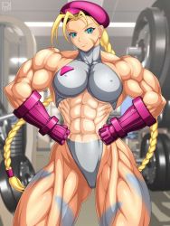 Rule 34 | 1girl, abs, alternate color, biceps, blonde hair, blue eyes, bodypaint, cammy white, cape, dark-skinned female, dark skin, extreme muscles, gloves, highres, scar, scar on face, smile, street fighter, tan, thick thighs, thighs