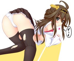 Rule 34 | 10s, 1girl, ahoge, ass, black eyes, black thighhighs, blush, breasts, brown hair, cleavage, grey eyes, hairband, headband, heart, highres, japanese clothes, kantai collection, kongou (kancolle), long hair, miko, no bra, open mouth, panties, ribbon-trimmed sleeves, ribbon trim, skirt, solo, thighhighs, torn clothes, torn thighhighs, translated, underboob, underwear, white panties, yoye (pastel white)