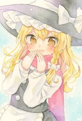 Rule 34 | 1girl, :d, apron, black hat, black skirt, black vest, blonde hair, blush, bow, braid, brown eyes, commentary request, frilled apron, frills, fringe trim, hair bow, hands up, hat, hat bow, kagome f, kirisame marisa, long hair, long sleeves, looking at viewer, open mouth, painting (medium), pink scarf, puffy long sleeves, puffy sleeves, scarf, shirt, single braid, skirt, smile, solo, touhou, traditional media, vest, waist apron, watercolor (medium), white apron, white bow, white shirt, witch hat