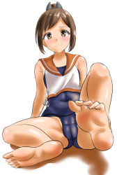 Rule 34 | 10s, 1girl, arms at sides, bad anatomy, bad feet, bare shoulders, barefoot, blue one-piece swimsuit, blush, brown eyes, brown hair, cameltoe, closed mouth, covered navel, crop top, feet, foot focus, foreshortening, full body, i-401 (kancolle), kantai collection, kasugano tobari, looking at viewer, nail polish, one-piece swimsuit, ponytail, poorly drawn, ribbon, sailor collar, school uniform, serafuku, shiny skin, shirt, short hair, simple background, sitting, smile, soles, solo, swimsuit, swimsuit under clothes, tan, tareme, toenail polish, toenails, toes, white background, white ribbon, white shirt