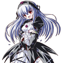 Rule 34 | 00s, 1girl, choker, crossed arms, dress, flower, frills, hairband, long hair, open mouth, puffy sleeves, red eyes, rozen maiden, shinshin, silver hair, simple background, solo, suigintou, white background