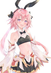 Rule 34 | 1boy, aisu (icicleshot), astolfo (fate), astolfo (saber) (fate), bare shoulders, bow, bowtie, detached sleeves, fate/grand order, fate (series), hair between eyes, happy, long hair, looking at viewer, midriff, navel, open mouth, pink eyes, pink hair, pleated skirt, simple background, skirt, smile, solo, trap, twintails, white background