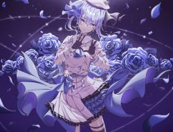 Rule 34 | 1girl, absurdres, blue choker, blue eyes, blue flower, blue hair, blue rose, bracelet, choker, flower, gloves, hat, heart, heart hands, highres, hololive, hoshimachi suisei, hoshimachi suisei (1st costume), huge filesize, jewelry, long sleeves, looking at viewer, partially fingerless gloves, rose, sailor collar, skirt, solo, virtual youtuber, white hat, white sailor collar, white skirt, yozora (1wkdgusdn)