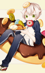 Rule 34 | 10s, 1boy, bad id, bad pixiv id, doughnut, food, fork, green eyes, highres, hotarumaru, male focus, mouth hold, personification, plate, silver hair, solo, touken ranbu, track suit, zaro