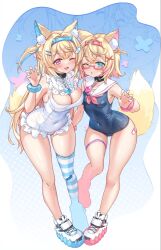 Rule 34 | 2girls, ;d, animal collar, animal ear fluff, animal ears, bandaid, bandaid hair ornament, bandaid on thigh, bespectacled, bib, black collar, black one-piece swimsuit, blonde hair, blue eyes, blue hair, blue hairband, blue thighhighs, blush, bracelet, breasts, center frills, chestnut mouth, claw pose, cleavage, collar, colored shoe soles, commentary, covered navel, crossed bangs, curvy, detached collar, dog ears, dog girl, dog tail, double-parted bangs, fake horns, frilled one-piece swimsuit, frills, full body, fuwawa abyssgard, glass, glasses, hair between eyes, hair intakes, hair ornament, hairband, hairclip, highres, hololive, hololive english, horns, impossible clothes, impossible swimsuit, jewelry, large breasts, leaning forward, long hair, looking at viewer, mococo abyssgard, multicolored hair, multiple girls, narrow waist, neckerchief, nyana xoxo, old school swimsuit, one-piece swimsuit, one eye closed, open mouth, pink-framed eyewear, pink eyes, pink hair, pink hairband, pink neckerchief, sailor collar, school swimsuit, semi-rimless eyewear, shirt, shoes, short hair, single thighhigh, skindentation, small breasts, smile, sneakers, streaked hair, swimsuit, symbol-only commentary, t-shirt, tail, thighhighs, two side up, under-rim eyewear, virtual youtuber, white one-piece swimsuit, white sailor collar, wide hips, x hair ornament