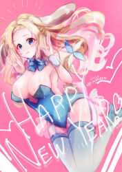 Rule 34 | 1girl, animal ears, blonde hair, blue bow, blue bowtie, blue eyes, blue leotard, bow, bowtie, breasts, character request, check character, chinese zodiac, cleavage, commentary request, floating hair, floppy ears, garter straps, happy new year, jumping, large breasts, leotard, new year, pink background, playboy bunny, rabbit ears, sashe (wixoss), solo, strapless, strapless leotard, thighhighs, torute (shuku level1 coin), wixoss, wrist cuffs, year of the rabbit