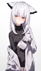 Rule 34 | 1girl, absurdres, arknights, beudelb, black shirt, breasts, coat, commentary, cowboy shot, cup, highres, holding, holding cup, lab coat, long hair, long sleeves, looking at viewer, off shoulder, open clothes, open coat, owl ears, ptilopsis (arknights), shirt, simple background, small breasts, solo, white background, white coat, white hair, yellow eyes