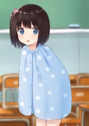 Rule 34 | 1girl, blue eyes, blurry, blurry background, blush, chair, chalkboard, classroom, clothing request, commentary request, hair ribbon, highres, indoors, kanekan, looking at viewer, one side up, open mouth, original, ribbon, short hair, solo, standing, wrap towel