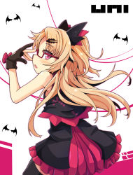 Rule 34 | 1girl, adjusting eyewear, akatsuki uni, arm up, bare shoulders, bat wings, black gloves, black shirt, black thighhighs, black wings, blonde hair, blush, bow, commentary request, glasses, gloves, hair ornament, hairclip, long hair, looking at viewer, looking back, ogami kazuki, parted bangs, partially fingerless gloves, pleated skirt, profile, purple eyes, red-framed eyewear, red bow, red skirt, semi-rimless eyewear, shirt, skirt, sleeveless, sleeveless shirt, solo, thighhighs, two side up, under-rim eyewear, uni create, very long hair, virtual youtuber, wings