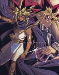 Rule 34 | 2boys, atem, black hair, blonde hair, blue jacket, bracelet, bright pupils, card, clenched hand, cloak, closed mouth, commentary request, dark-skinned male, dark skin, dirty, duel disk, dyed bangs, earclip, earrings, egyptian, highres, holding, holding card, jacket, jewelry, knees, male focus, millennium puzzle, multiple boys, muto yugi, necklace, outstretched arm, purple eyes, purple hair, school uniform, soya (sys ygo), spiked hair, twitter username, white pupils, yu-gi-oh!, yu-gi-oh! duel monsters