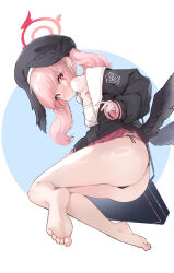 Rule 34 | 1girl, absurdres, ass, barefoot, beret, black hat, black panties, black wings, blue archive, blush, chinese commentary, closed mouth, commentary request, feathered wings, feet, from behind, grey wings, halo, hat, head wings, highres, kneeling, koharu (blue archive), legs, long hair, long sleeves, looking at viewer, looking back, low wings, miniskirt, mixed-language commentary, off shoulder, panties, partial commentary, peanut huasheng, pink eyes, pink hair, sailor collar, school uniform, simple background, skirt, soles, solo, string panties, thighs, thong, toes, twintails, underwear, white background, wings