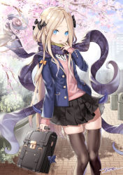 Rule 34 | 1girl, abigail williams (fate), alternate costume, artist name, bag charm, black bow, black ribbon, black skirt, blazer, blonde hair, blue eyes, blue jacket, blue sky, blush, bow, branch, briefcase, brown thighhighs, bug, butterfly, charm (object), commentary request, day, dress shirt, fate/grand order, fate (series), flower, forehead, grey scarf, hair bow, hair ornament, hand up, holding, insect, jacket, long hair, long scarf, long sleeves, looking at viewer, neck ribbon, open clothes, open jacket, outdoors, parted bangs, parted lips, pink flower, pink sweater, pleated skirt, purple scarf, red ribbon, ribbon, scarf, school briefcase, shirt, skirt, sky, sleeves past wrists, solo, standing, sweater, tentacles, thighhighs, tree, tyone, very long hair, white shirt
