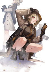 Rule 34 | 1girl, arm up, black footwear, breasts, bullpup, coat, girls&#039; frontline, gloves, gun, hand on headwear, hat, highres, light brown hair, looking at viewer, official alternate costume, p90, p90 (girls&#039; frontline), p90 (the girl from b.e.l) (girls&#039; frontline), phone, red eyes, squatting, submachine gun, weapon, yakupan