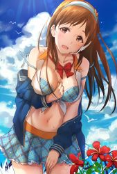 Rule 34 | 10s, 1girl, bad id, bad pixiv id, bikini, bow, bowtie, breasts, brown eyes, brown hair, cloud, cloudy sky, day, flower, front-tie top, hairband, headset, highres, idolmaster, idolmaster cinderella girls, long hair, looking at viewer, navel, nitta minami, open mouth, shiny skin, shirt, skirt, sky, solo, strap slip, sweat, swimsuit, takeashiro, tied shirt