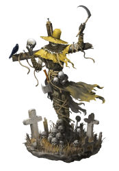 Rule 34 | absurdres, animal, axe, bird, cross, crow, fingernails, grass, green eyes, grin, hat, highres, holding, holding skull, holding weapon, ji ho song, monster, nail, nail polish, noose, original, restrained, rope, scarecrow, sickle, simple background, skull, smile, tombstone, torn, torn clothes, veins, weapon, white background, yellow headwear, yellow nails