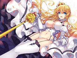 Rule 34 | 1girl, absurdres, bare shoulders, bison cangshu, blonde hair, blue eyes, breasts, cane, crown, elbow gloves, garter straps, gloves, highres, large breasts, lion, lion (warship girls r), long hair, looking at viewer, md5 mismatch, midriff, mini crown, navel, resolution mismatch, smile, solo, source smaller, stomach, thighhighs, thighs, warship girls r, white gloves, white thighhighs