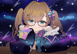 Rule 34 | 1girl, :3, arm support, black-framed eyewear, blue eyes, blunt bangs, blush, bow, braid, brown hair, closed mouth, glasses, hair bow, hair intakes, hair ornament, head rest, highres, jacket, long hair, looking at viewer, mountain han, nijisanji, official alternate costume, pov across table, signature, smile, solo, star (symbol), starry background, starry sky print, suzuhara lulu, table, twintails, virtual youtuber, x hair ornament