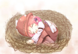 Rule 34 | 1girl, aged down, animal ears, blush, boxinhev, chibi, child, closed eyes, dress, female focus, fetal position, finger in own mouth, hat, in nest, long sleeves, lying, mystia lorelei, nest, on side, pink hair, short hair, sleeping, solo, touhou, wings