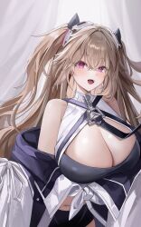 Rule 34 | 1girl, absurdres, anchorage (azur lane), azur lane, bare shoulders, black shorts, blush, breasts, brown hair, cleavage, cleavage cutout, clothing cutout, commentary request, headgear, highres, huge breasts, long hair, looking at viewer, manus (manuspupa), navel, off shoulder, open mouth, pink eyes, shorts, smile, solo, stomach, twintails, very long hair