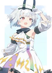 Rule 34 | 1girl, :d, arm up, armpits, ascot, commentary request, detached sleeves, gloves, grey hair, highres, horns, looking away, open mouth, re:act, red eyes, short hair, smile, solo, totomono, upper body, virtual youtuber, white background, white gloves, yagiri mei