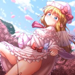 Rule 34 | 1girl, blonde hair, blue eyes, blue sky, blush, bow, capelet, closed mouth, clothes lift, cloud, dress, dress lift, fairy wings, hat, highres, leg up, lily white, long hair, long sleeves, looking down, outdoors, panties, petals, red bow, side-tie panties, sky, solo, sweatdrop, touhou, transparent wings, underwear, white capelet, white dress, white hat, white panties, wings, yoriyuki chiyo