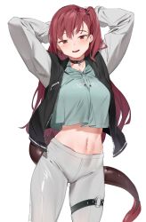Rule 34 | 1girl, absurdres, crop top, cross, cross earrings, earrings, garin, highres, jacket, jewelry, leggings, midriff, red eyes, red hair, side ponytail, solo, tail, thigh strap, white background