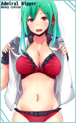 Rule 34 | 1girl, admiral hipper (warship girls r), bad id, bad pixiv id, black gloves, blue border, blush, border, bow, bra, breasts, character name, cleavage, collarbone, fingerless gloves, gloves, green hair, large breasts, looking at viewer, navel, open clothes, open mouth, open shirt, panties, pon&#039;nusu pon&#039;nu (sooblog), red bow, red bra, red eyes, red panties, shirt, simple background, solo, text focus, underwear, undressing, upper body, warship girls r, white background, white shirt
