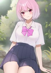 Rule 34 | 1girl, black skirt, blush, bow, bowtie, closed mouth, collarbone, collared shirt, commentary request, gridman universe, hair between eyes, head tilt, highres, leaf, looking at viewer, natsu12113, pink bow, pink bowtie, pink hair, pleated skirt, shinjou akane, shirt, short hair, short sleeves, sitting, skirt, smile, solo, ssss.gridman, thighs, white shirt