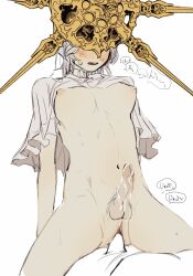 Rule 34 | 2boys, absurdres, blush, bottomless, breasts, cowgirl position, crossdressing, cuntboy, cuntboy with male, dark souls (series), dark souls i, dark sun gwyndolin, futa with male, grey hair, highres, large breasts, male focus, male on futa, male with breasts, multiple boys, nipples, penis, pubic hair, pussy, sex, short hair, short sleeves, shrug (clothing), simple background, speech bubble, straddling, teeth, testicles, translation request, trap, upper teeth only, vaginal, white background, zunkome