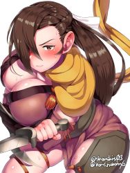 Rule 34 | 1girl, blush, boris (noborhys), breasts, brown eyes, brown hair, center opening, cleavage, elbow gloves, fingerless gloves, fire emblem, fire emblem fates, fire emblem heroes, gloves, hair over one eye, hair ribbon, highres, kagero (fire emblem), knife, large breasts, long hair, looking at viewer, ninja, nintendo, pale skin, ponytail, ribbon, scarf, simple background, solo, sweat, sweatdrop, weapon, white background, yellow scarf