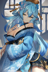 Rule 34 | 1girl, ahoge, alternate costume, architecture, blue hair, blue kimono, blue lips, breasts, cleavage, closed mouth, comb, commentary, cowboy shot, east asian architecture, floating hair, floral print, flower, hair between eyes, hair flower, hair ornament, hair stick, heart, heart ahoge, highres, hololive, japanese clothes, kimono, kojitsunagi (pattern), large breasts, light blue hair, lips, lipstick, long hair, makeup, multicolored hair, nail polish, obi, off shoulder, pointy ears, sash, scottie (phantom2), smile, snowflake print, solo, streaked hair, two-tone hair, virtual youtuber, yellow eyes, yukihana lamy