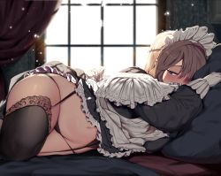 Rule 34 | 1girl, absurdres, apron, bedroom, black panties, black thighhighs, blue eyes, breasts, brown hair, clothes lift, curtains, dress, dress lift, frills, garter belt, garter straps, gloves, groin, half-closed eyes, highres, indoors, lace trim, light particles, long hair, long sleeves, looking at viewer, lying, maid, maid headdress, mendou kusai, navel, on side, original, panties, pillow, sidelocks, solo, stomach, thighhighs, underwear, white gloves, window