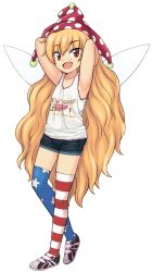 Rule 34 | 1girl, alternate legwear, american flag legwear, armpits, arms behind head, arms up, artist request, blonde hair, clownpiece, denim, denim shorts, fairy wings, full body, hat, jester cap, long hair, open mouth, red eyes, shirt, shoes, short shorts, shorts, simple background, smile, solo, tank top, thighhighs, third-party edit, touhou, transparent background, very long hair, white background, white shirt, wings