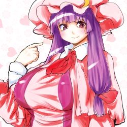 Rule 34 | breasts, crescent, crescent hair ornament, dress, hair ornament, hat, hat ribbon, heart, hiro (h-net), large breasts, long hair, mob cap, patchouli knowledge, pointing, pointing at self, purple hair, red eyes, ribbon, smile, striped clothes, striped dress, touhou