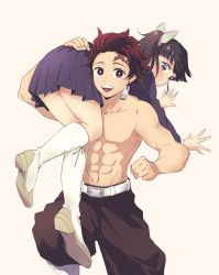 Rule 34 | 1boy, 1girl, abs, baggy pants, black pants, blunt bangs, blush, boots, butterfly hair ornament, carrying, carrying over shoulder, cross-laced footwear, earrings, hair ornament, jewelry, kamado tanjirou, kimetsu no yaiba, lace-up boots, muscular, open mouth, pants, pleated skirt, ponytail, purple eyes, purple hair, red eyes, red hair, san mon, scar, scar on face, scar on forehead, skirt, smile, topless, tsuyuri kanao