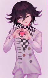 Rule 34 | 1boy, absurdres, black hair, buttons, checkered clothes, checkered neckwear, checkered scarf, commentary, contrapposto, cowboy shot, danganronpa (series), danganronpa v3: killing harmony, double-breasted, grey background, hair between eyes, hands up, heart, heart hands, highres, jacket, long sleeves, looking at viewer, male focus, one eye closed, oma kokichi, purple eyes, remonoart, scarf, short hair, simple background, smile, solo, standing, straitjacket, tongue, tongue out, white jacket