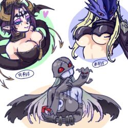 Rule 34 | 3girls, beelstarmon, belt, breasts, chain, cleavage, demon, demon girl, digimon, digimon (creature), fallen angel, gerusyu, ladydevimon, large breasts, lilithmon, living clothes, long hair, lowres, mark of evil, mask, multiple girls, revealing clothes, third eye, underboob, wings