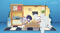 Rule 34 | 3girls, ahoge, blush, broccoli, bronya zaychik, bronya zaychik (drive kometa), cafeteria, chibi, chicken (food), chinese commentary, chopsticks, clock, closed mouth, cup, drill hair, faceless, flower pot, food, fork, grey eyes, grey hair, highres, holding, holding chopsticks, holding fork, honkai (series), honkai impact 3rd, indoors, jacket, kiana kaslana, kiana kaslana (white comet), logo, looking at another, menu board, microwave, multiple girls, official art, official wallpaper, open clothes, open jacket, open mouth, orange sleeves, plant, sausage, seele vollerei, seele vollerei (swallowtail phantasm), short hair, sitting, smile, table, twintails, wall clock, waving, white hair