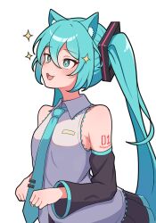 Rule 34 | + +, 1girl, :d, animal ears, bare shoulders, black skirt, blue eyes, blue hair, blue necktie, breasts, character name, clenched hands, collared shirt, detached sleeves, grey shirt, hair between eyes, hatsune miku, highres, kemonomimi mode, kumada gaon, long hair, looking to the side, miniskirt, necktie, number tattoo, open mouth, shirt, shoulder tattoo, skirt, small breasts, smile, solo, sparkle, tattoo, twintails, very long hair, vocaloid, wide sleeves