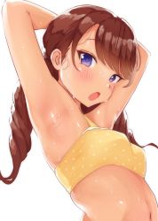 Rule 34 | 1girl, armpits, arms behind head, arms up, bikini, blush, breasts, brown hair, highres, looking at viewer, midriff, open mouth, original, purple eyes, sak1023, small breasts, stretching, sweat, swimsuit, tan, twintails, white background, yellow bikini