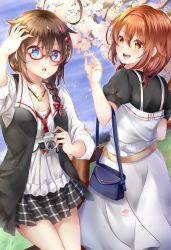 Rule 34 | 2girls, adapted costume, ahoge, bad id, bad pixiv id, bag, bespectacled, blue eyes, braid, breasts, brown hair, camera, cherry blossoms, cowboy shot, glasses, hair over shoulder, hairband, jewelry, kantai collection, long hair, looking at viewer, mashiro aa, medium breasts, multiple girls, necklace, open mouth, orange eyes, petals, plaid, plaid skirt, red-framed eyewear, red hairband, remodel (kantai collection), semi-rimless eyewear, shigure (kancolle), shiratsuyu (kancolle), short hair, single braid, skirt, under-rim eyewear